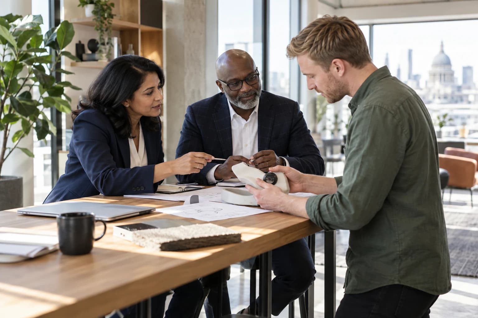 An adviser and client reviewing documents during a consultation.