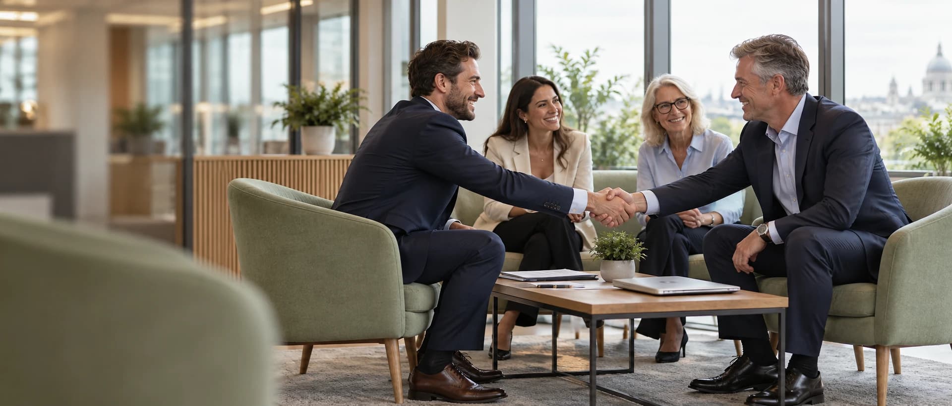 Four smiling professionals in a bright meeting room, with two shaking hands across a table.