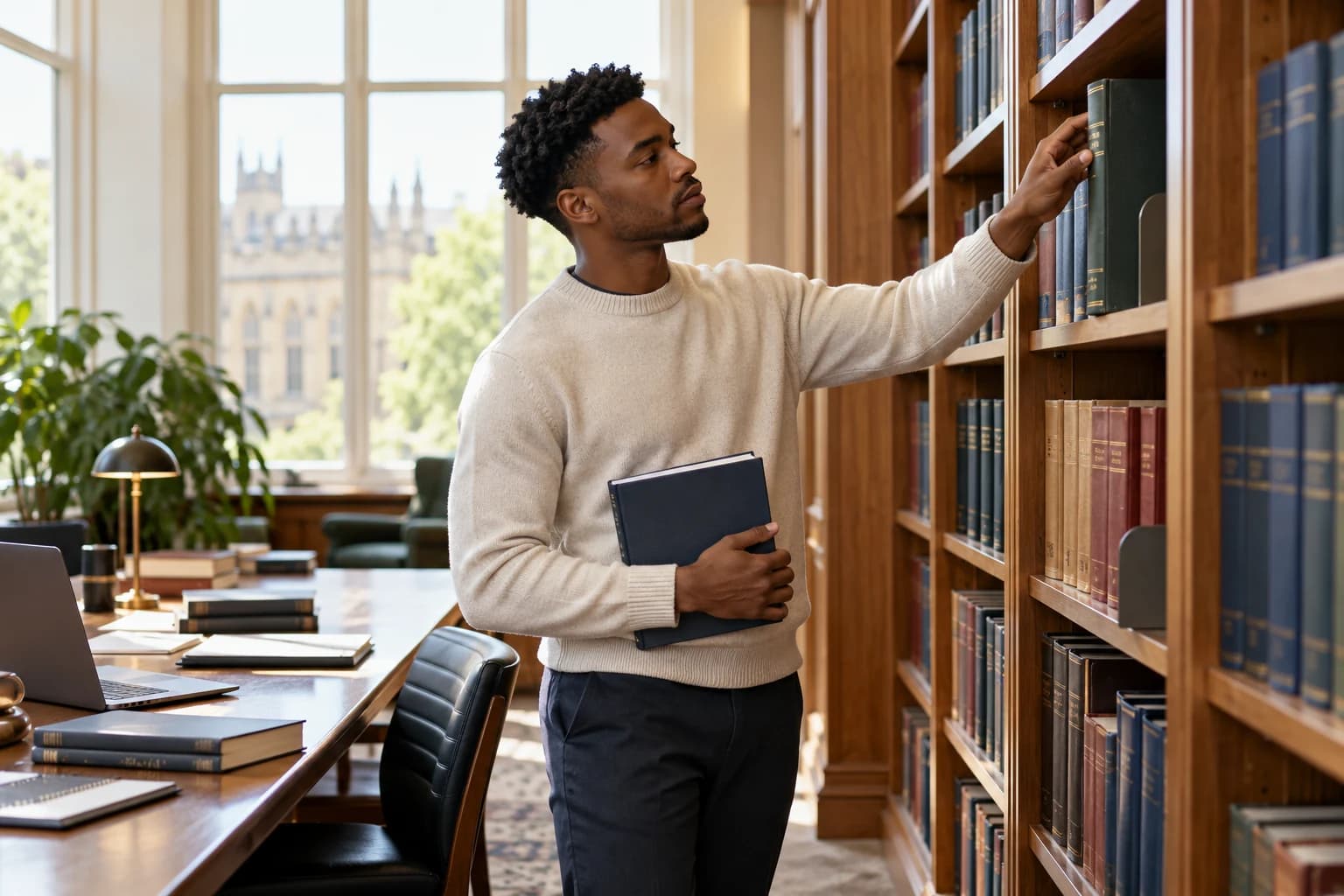 A researcher selecting a reference book from library shelves beside a worktable.