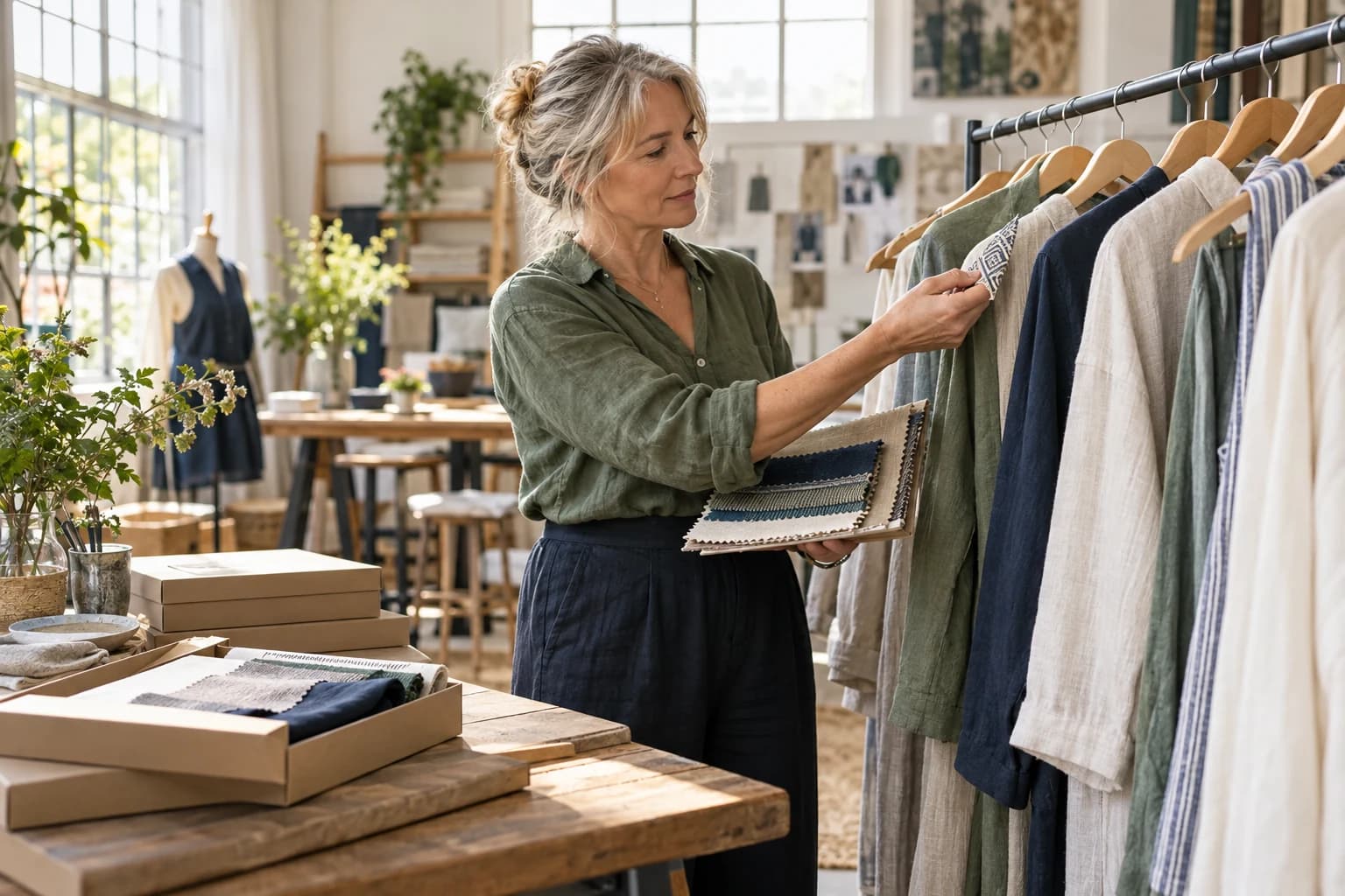 A textile-brand founder checking woven labels and fabric samples before a wholesale order.