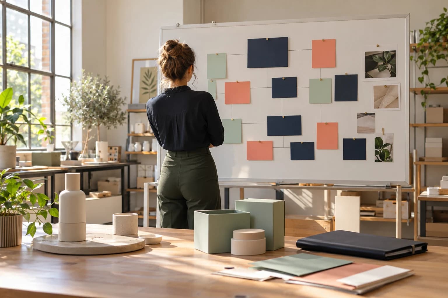A founder planning connections between product, brand and commercial assets on a board.