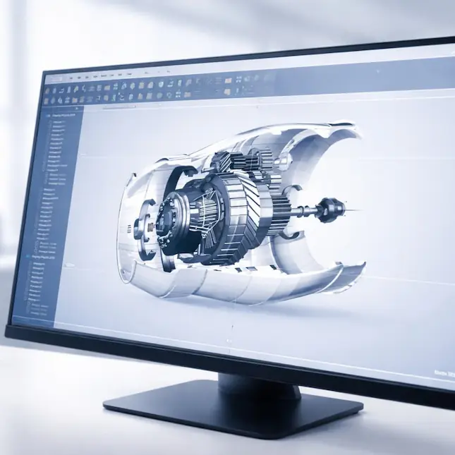 A 3D drawing of an engineering component, on a screen.