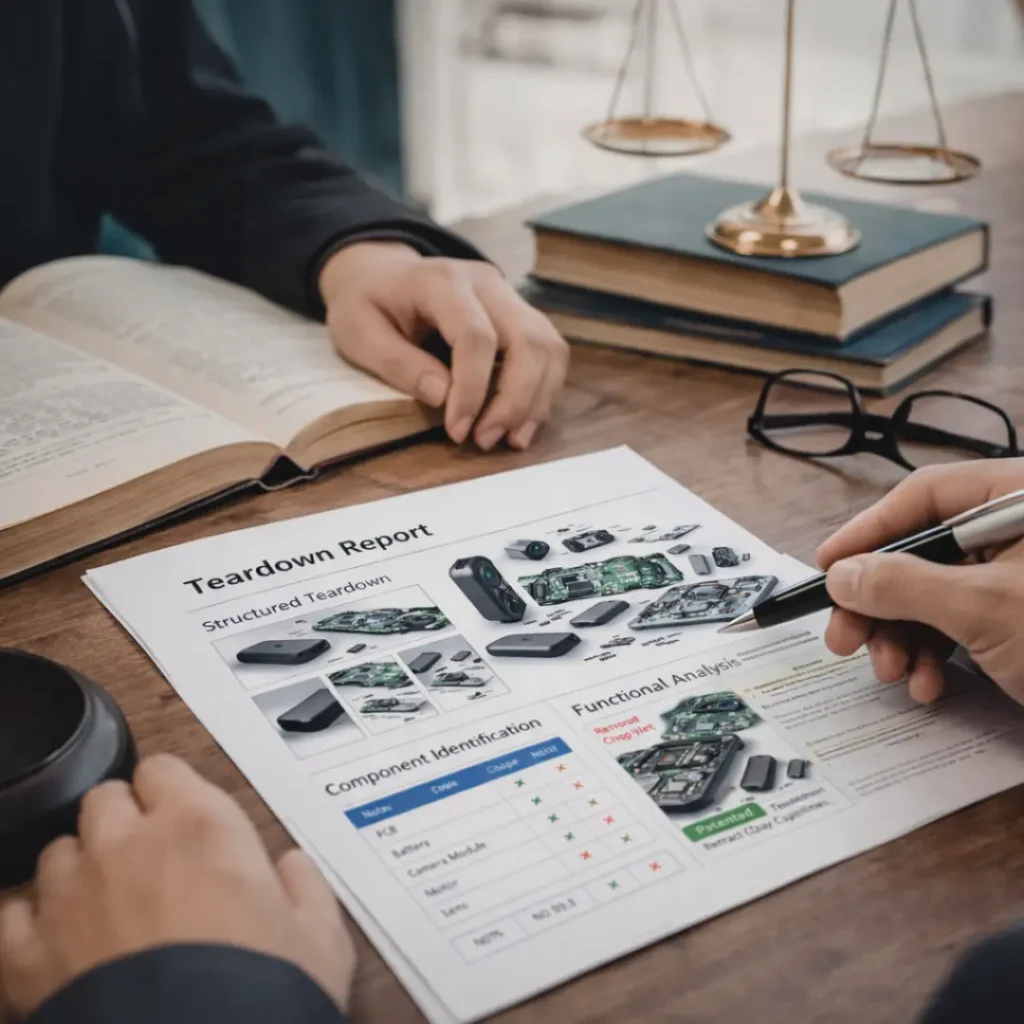 An IP lawyer and their client reviewing a Teardown Report on desk