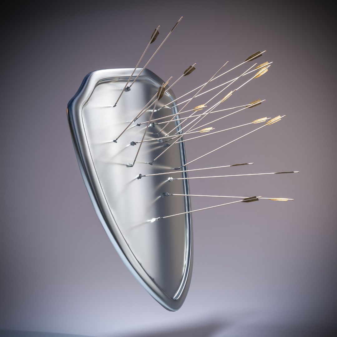 A grey shield with arrows fired into it