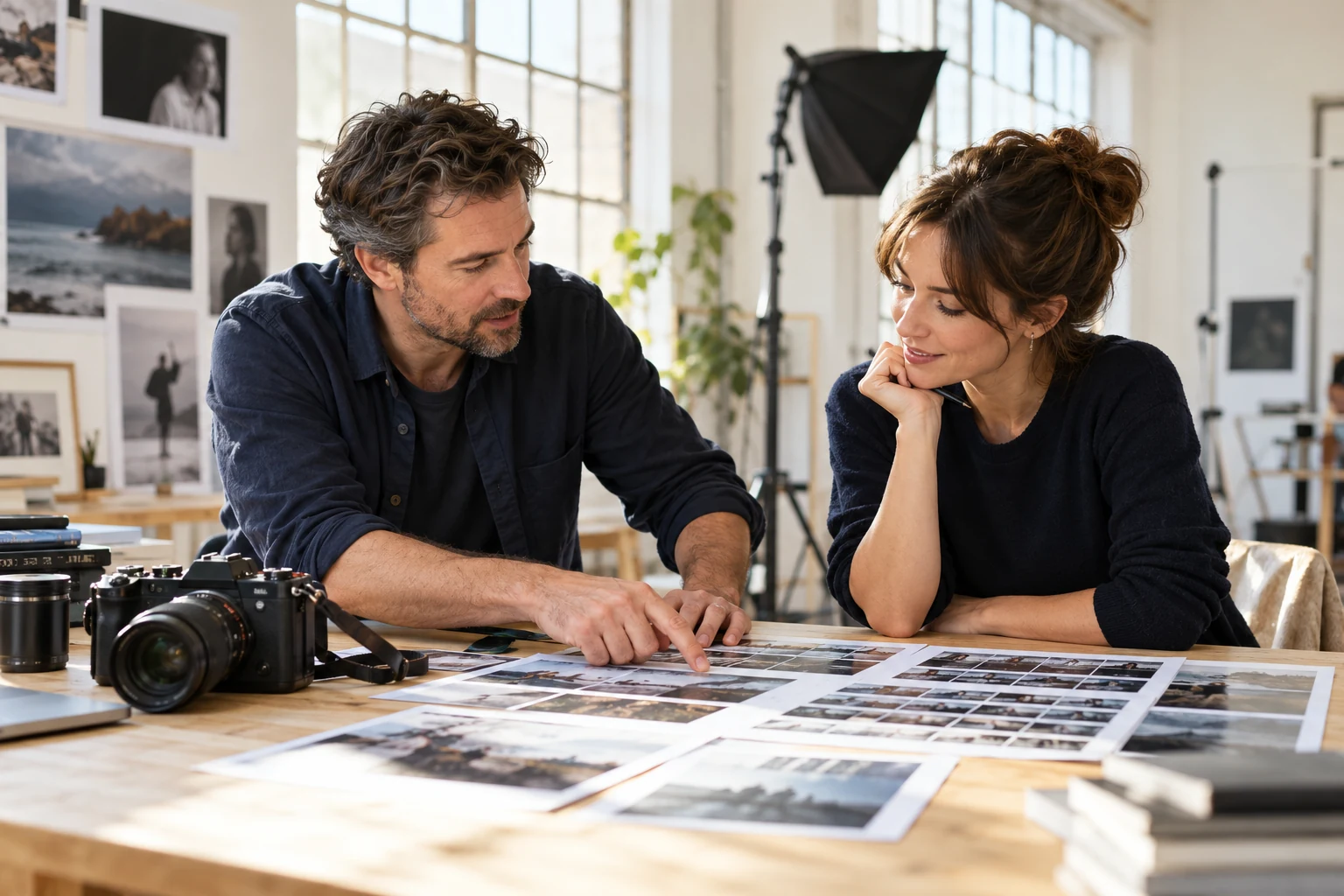 A photographer and art director reviewing printed contact sheets at a studio table.