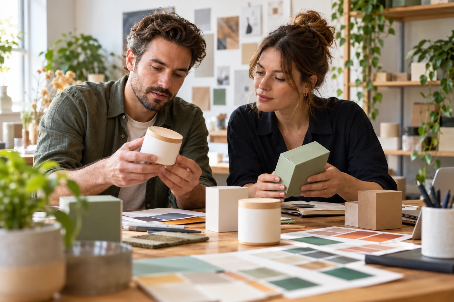 Two designers reviewing unbranded packaging samples and label proofs at a studio table.