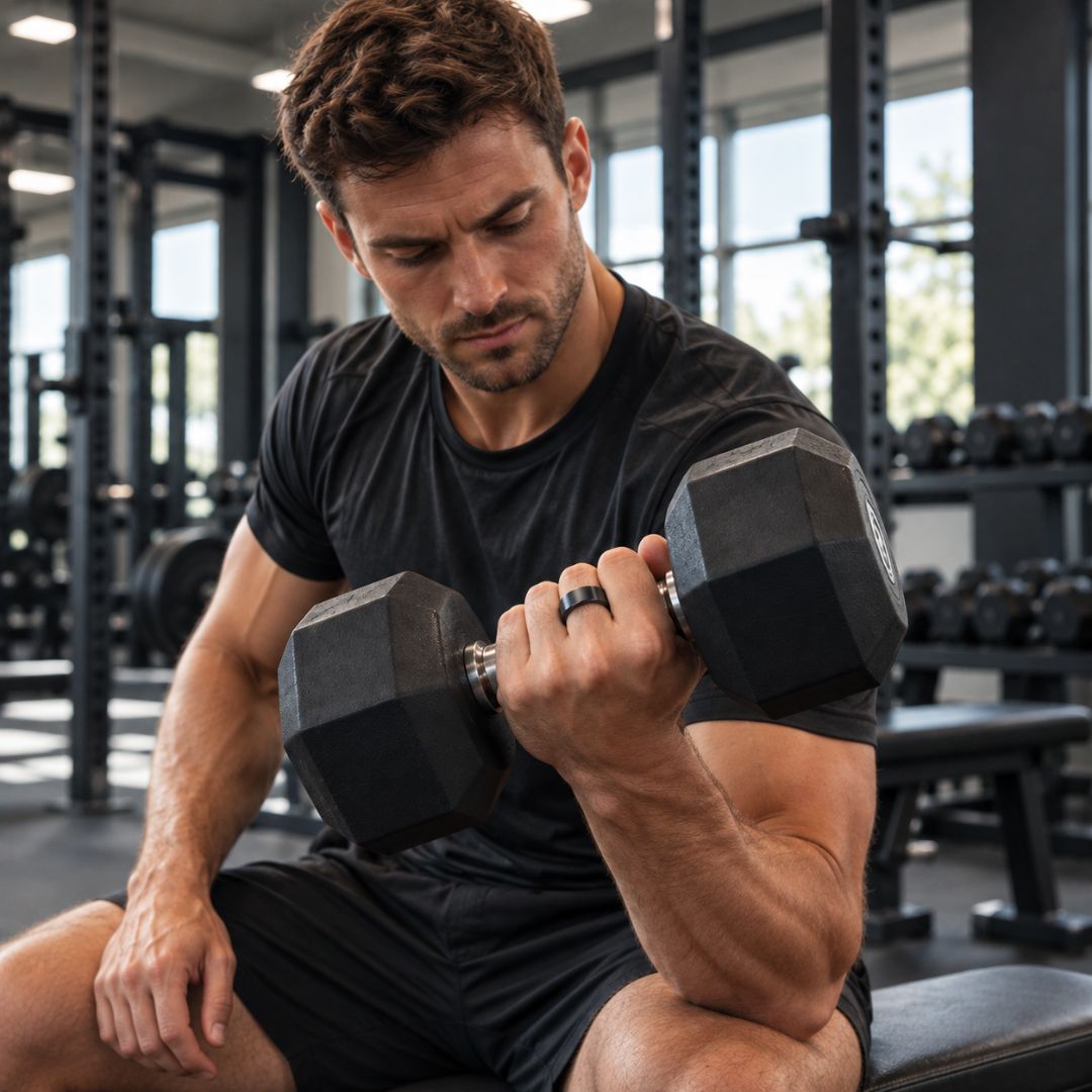 An oura ring on a mans finger whilst he lifts weights
