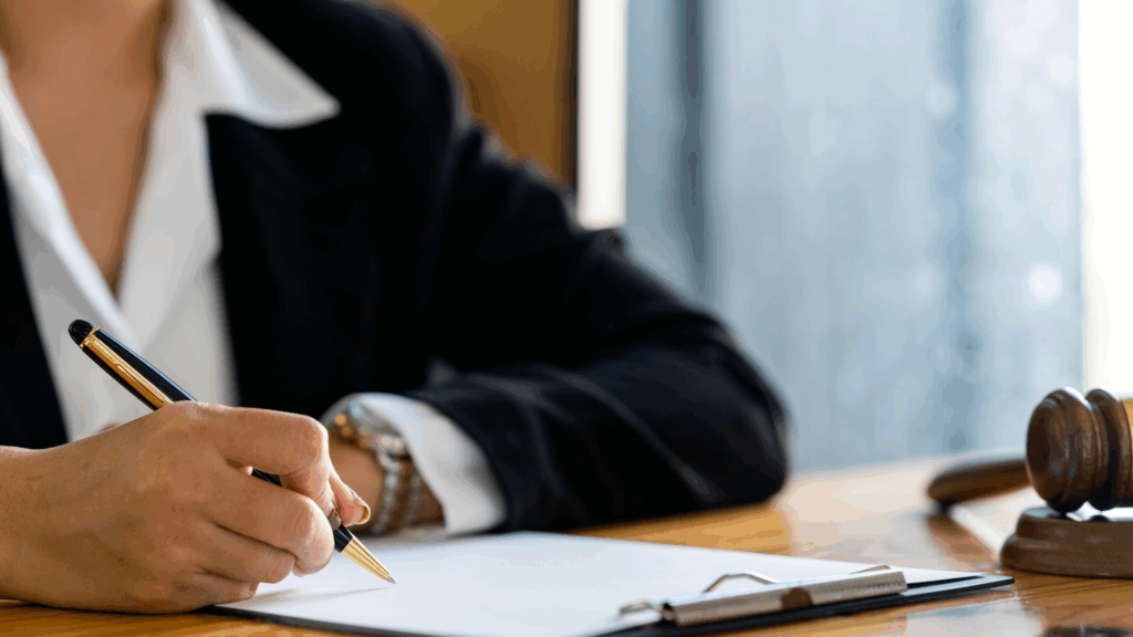 Lawyer sitting at desk and writing on paper.