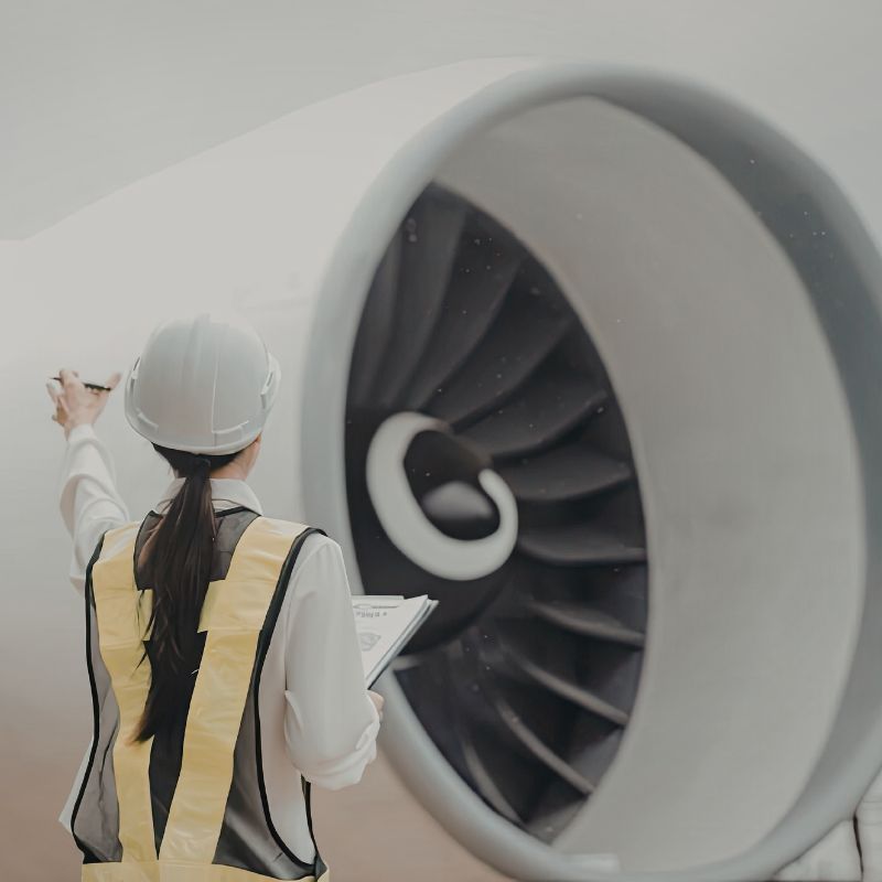 A lady with a clip board and high vis jacket reviewing an aerospace innovation.