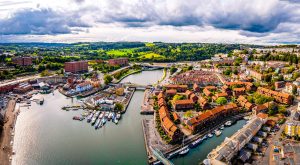 An aerial shot of Bristol, showing the river and housing.