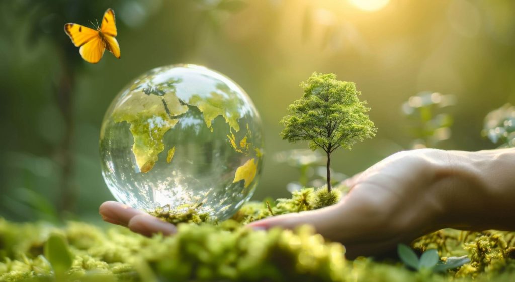 A hand holding a glass earth globe, with trees and earth in the background.
