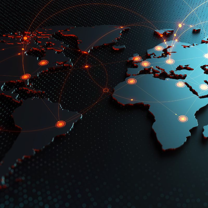 A digital map of the globe, with red dots connecting different countries.