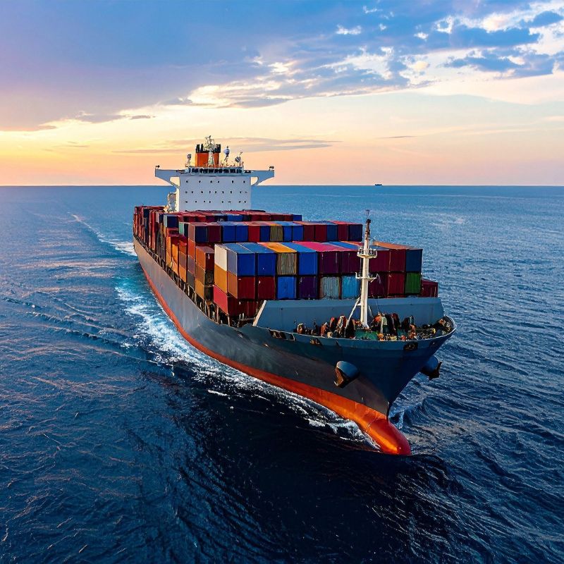 A boat crosses the sea, carrying shipping containers as the sun sets.