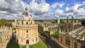 An aerial shot of iconic buildings in Oxford.