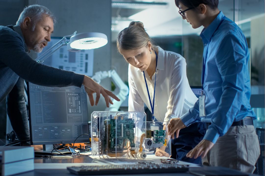 Three inventors, reviewing their innovation before applying for a patent