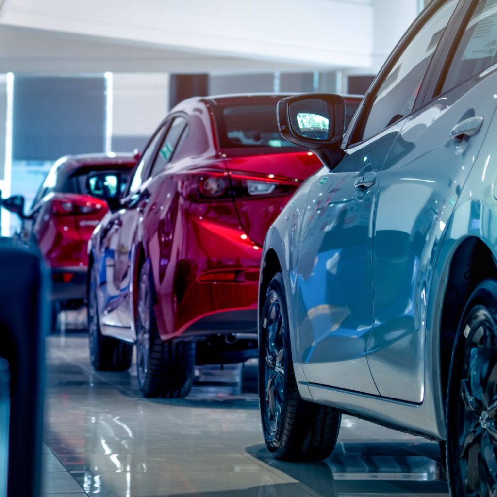 A row of new cars ready to leave a showroom.