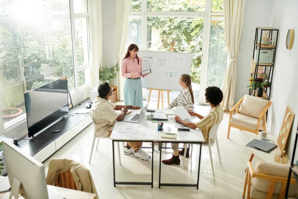 A team of product designers in a new product development meeting.