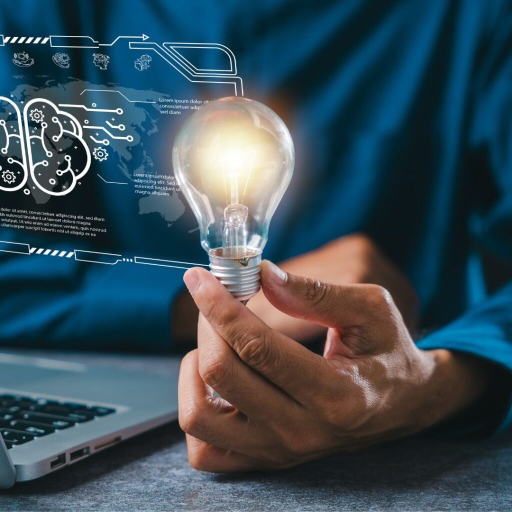 An innovator holding a lightbulb, with geometric details